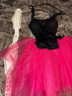 80’s Prom/Rock Costume Outfit - Black Lace Bodice with Hot Pink Tulle Skirt